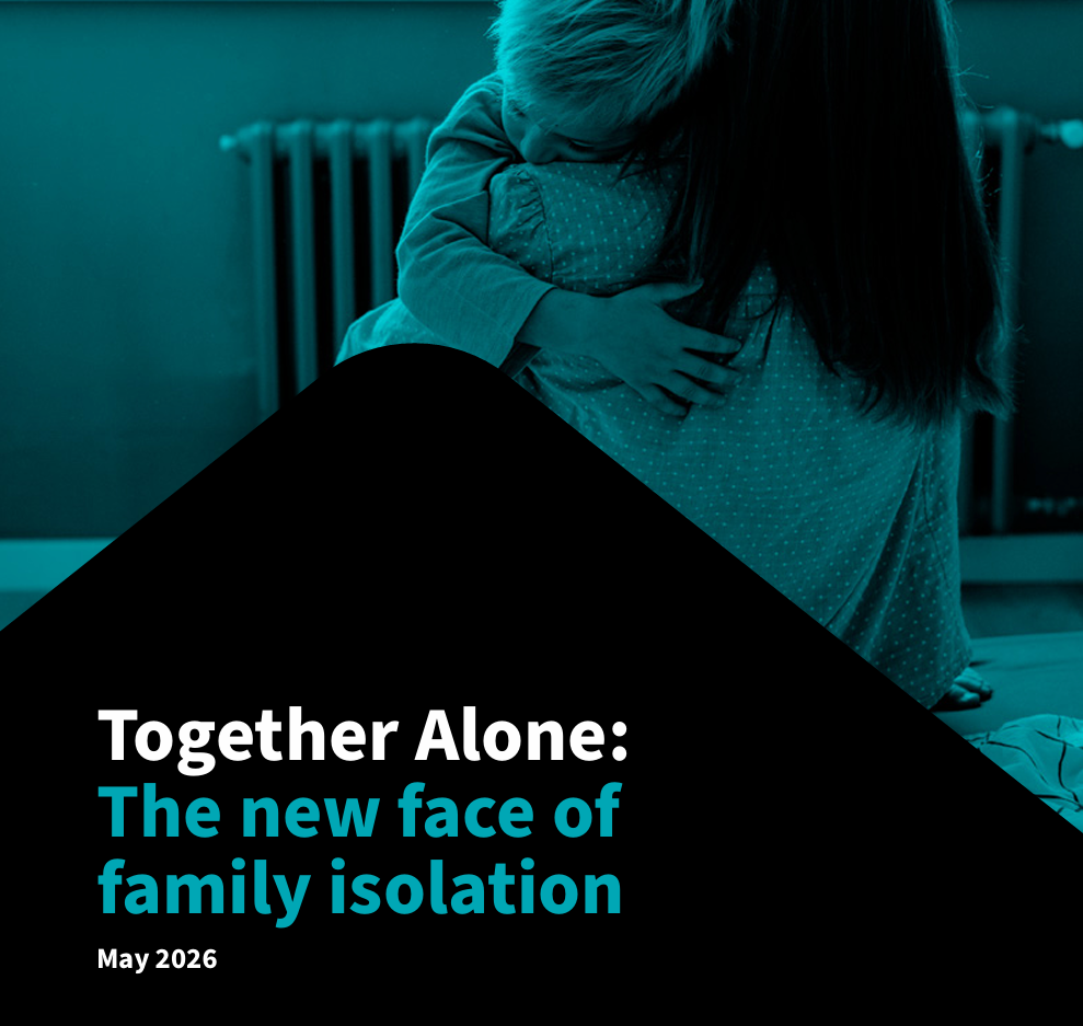 Photo of mother cuddling baby with title Together Alone; The new face of family isolation